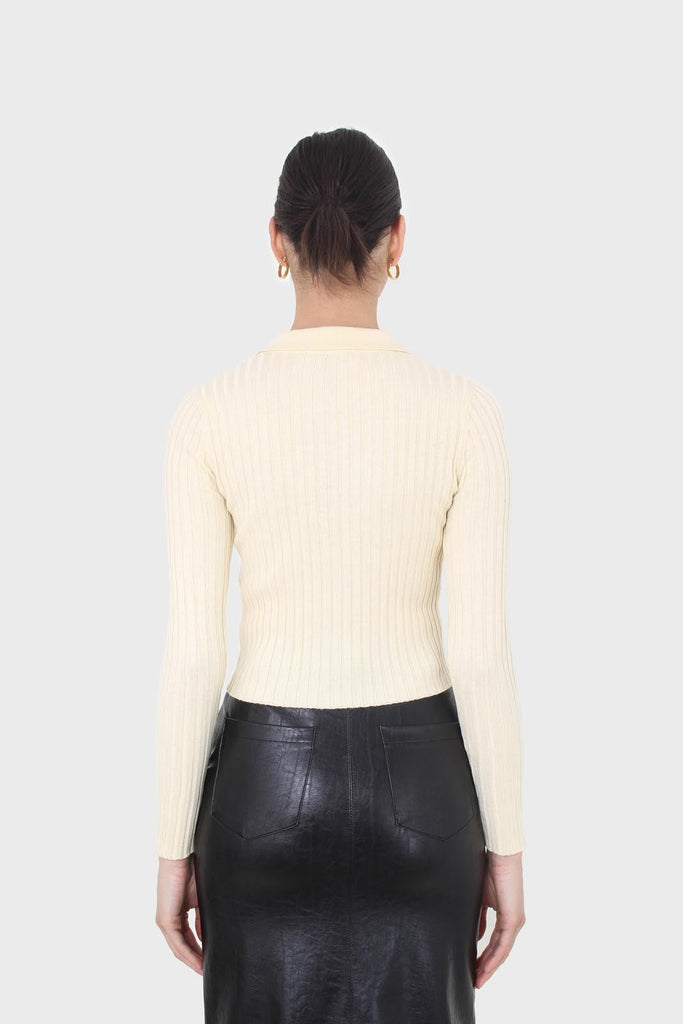 Pale yellow zip up fitted knit top_3