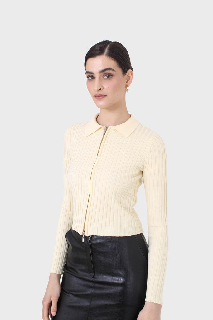 Pale yellow zip up fitted knit top_8