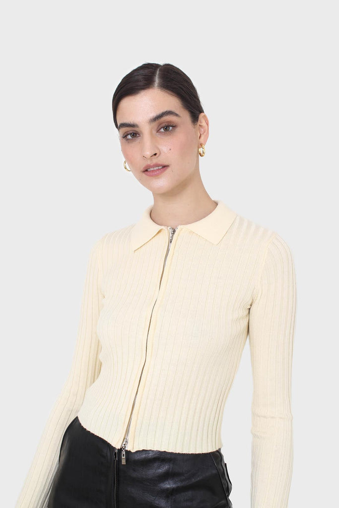 Pale yellow zip up fitted knit top_7