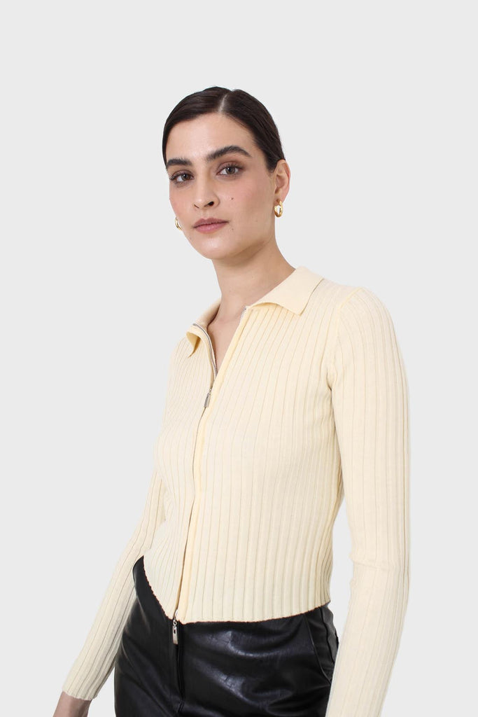 Pale yellow zip up fitted knit top_9