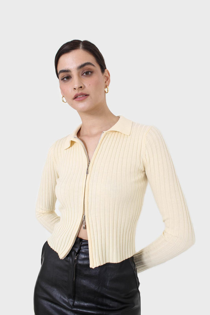 Pale yellow zip up fitted knit top_1
