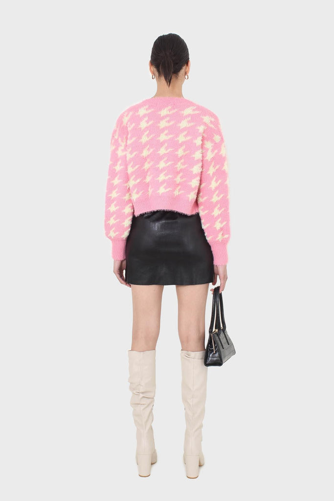 Pink and cream houndstooth fuzzy cardigan_4