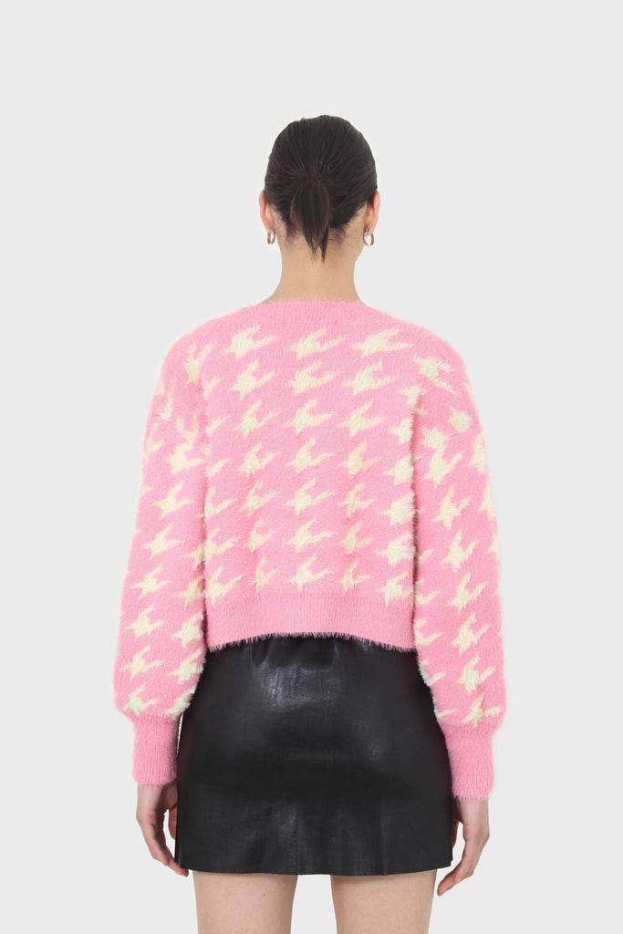 Pink and cream houndstooth fuzzy cardigan_2