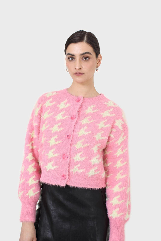 Pink and cream houndstooth fuzzy cardigan_9