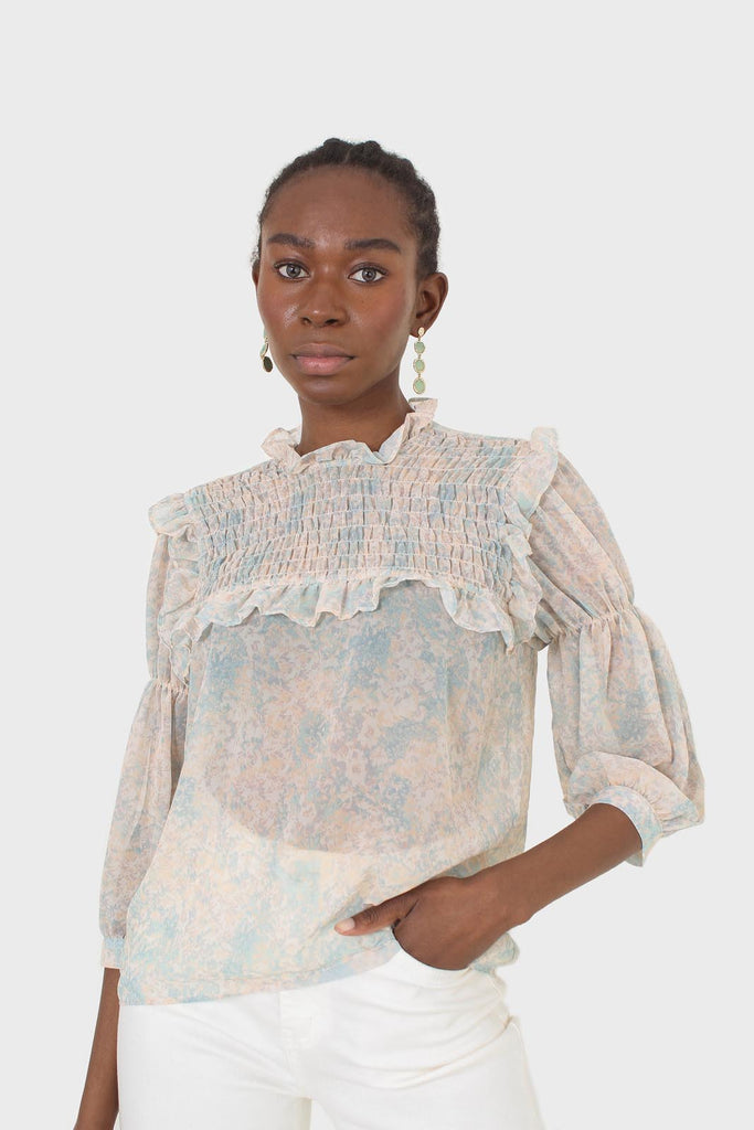 Blue watercolour printed ruched blouse_6
