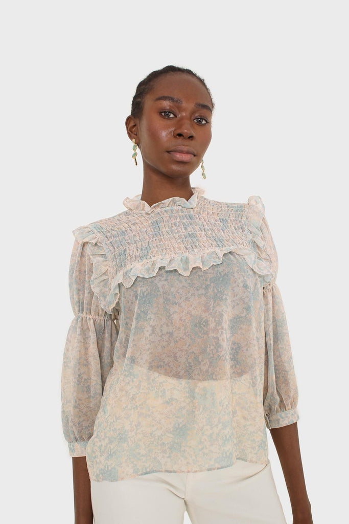 Blue watercolour printed ruched blouse_7