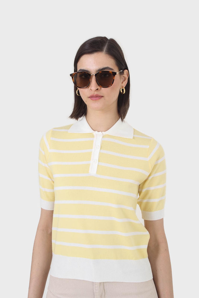 Yellow striped polo knit top_1
