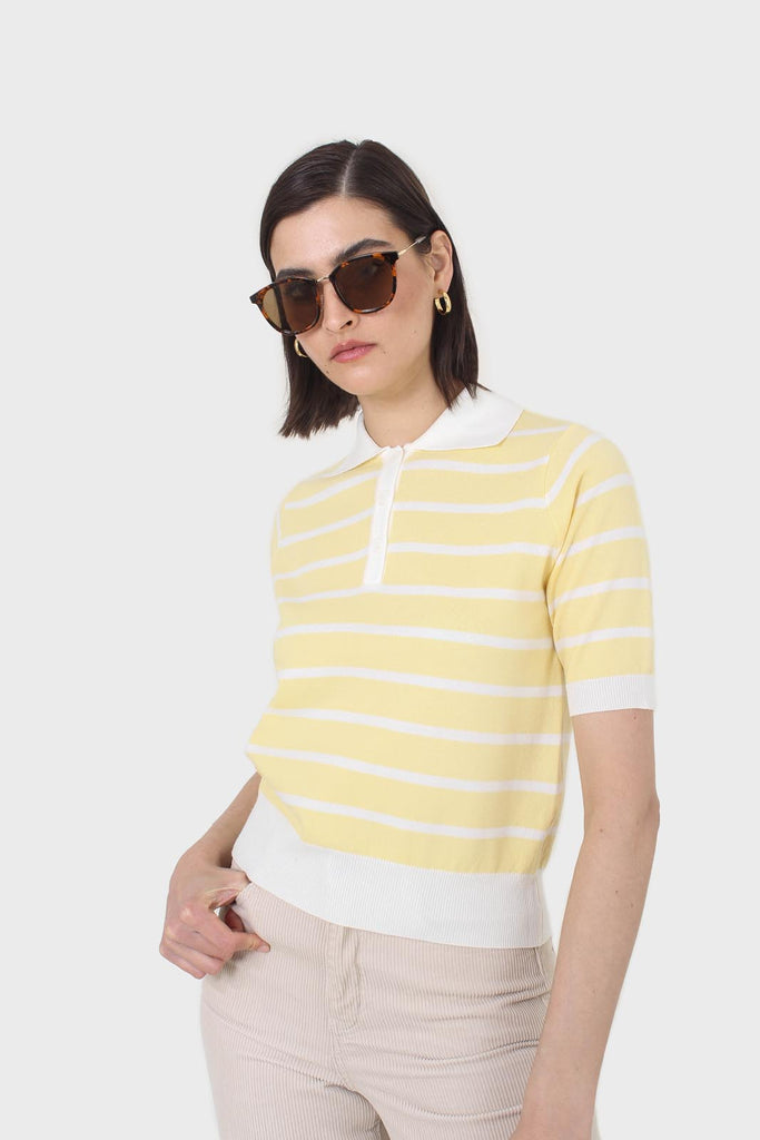 Yellow striped polo knit top_5