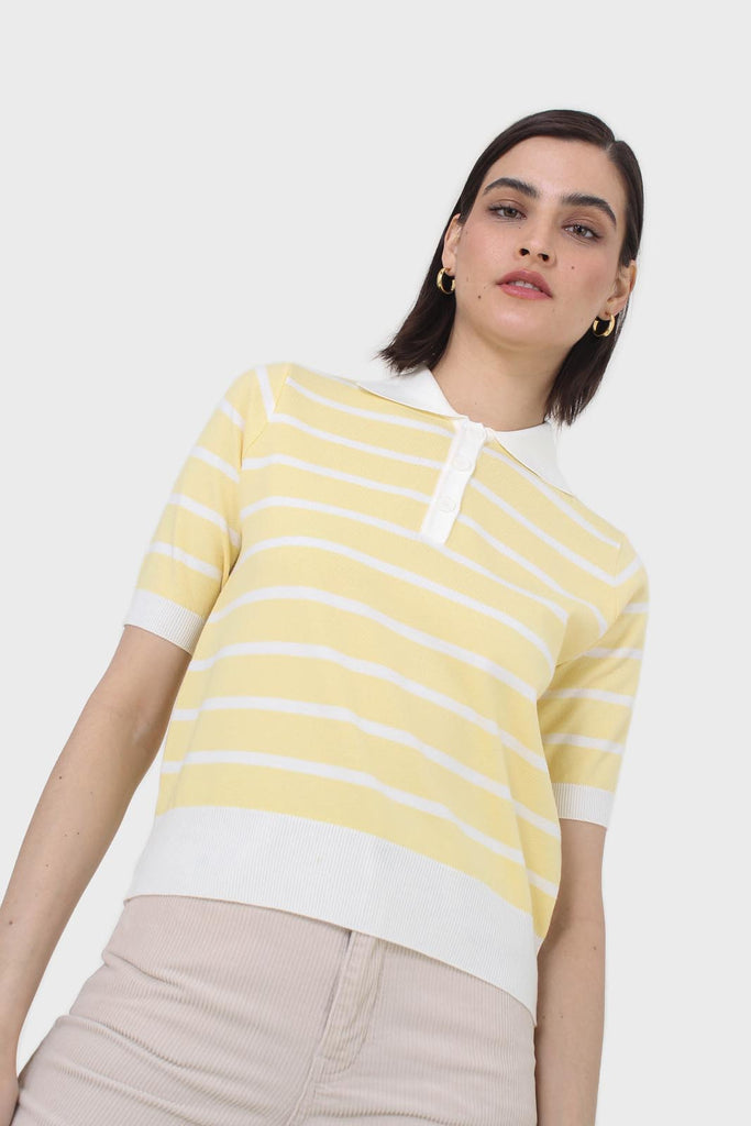 Yellow striped polo knit top_6