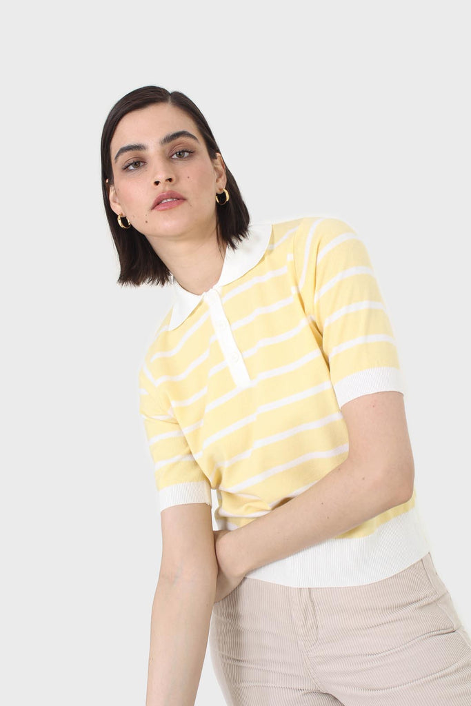 Yellow striped polo knit top_7