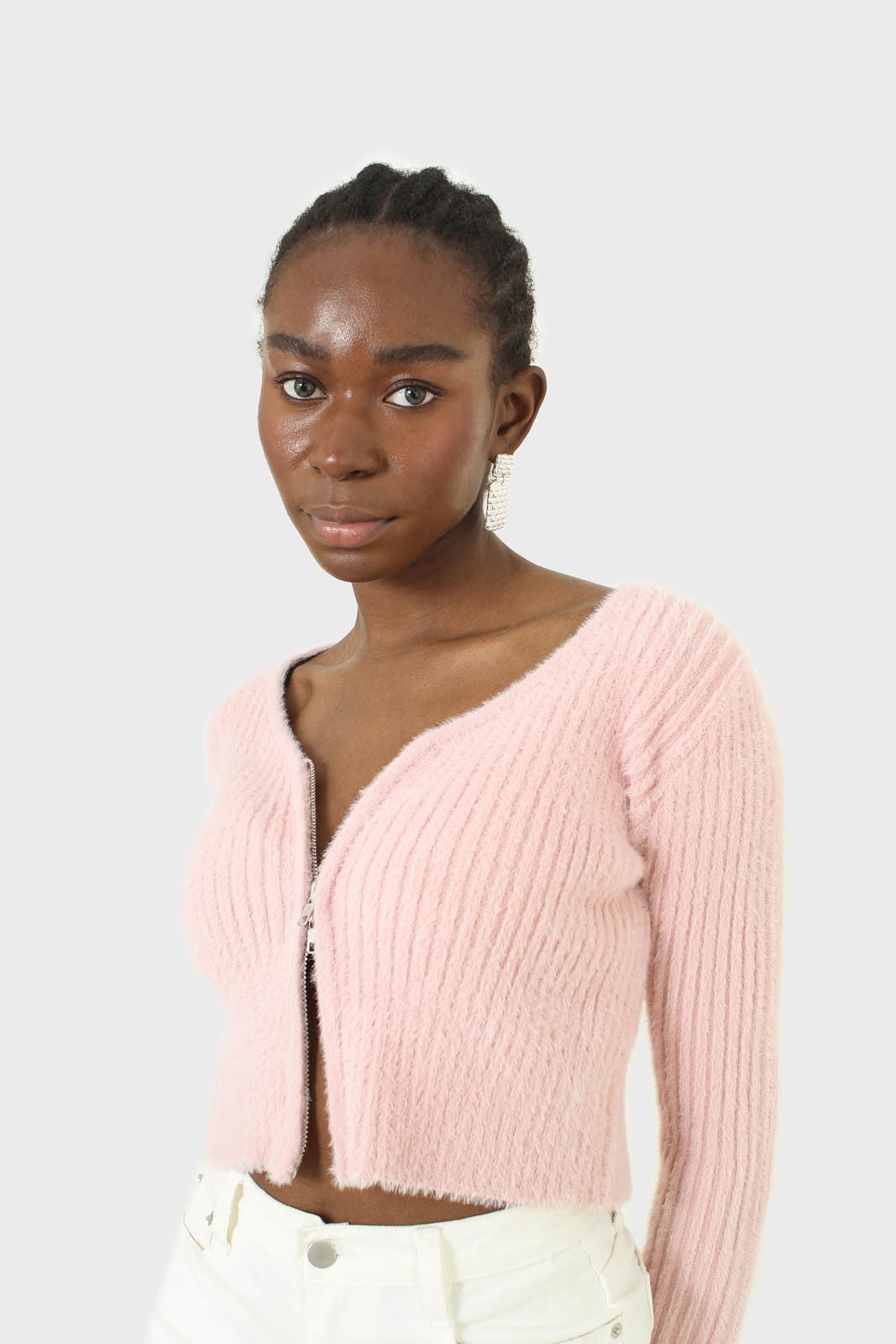 Baby pink ribbed zip cardigan