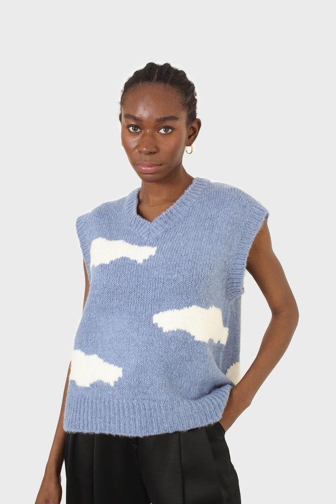 Blue and white intarsia cloud wool blend vest_1