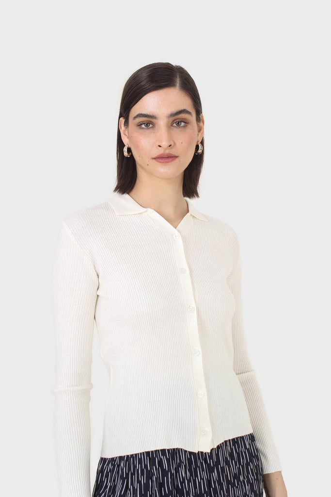 Ivory button front polo knit top_1