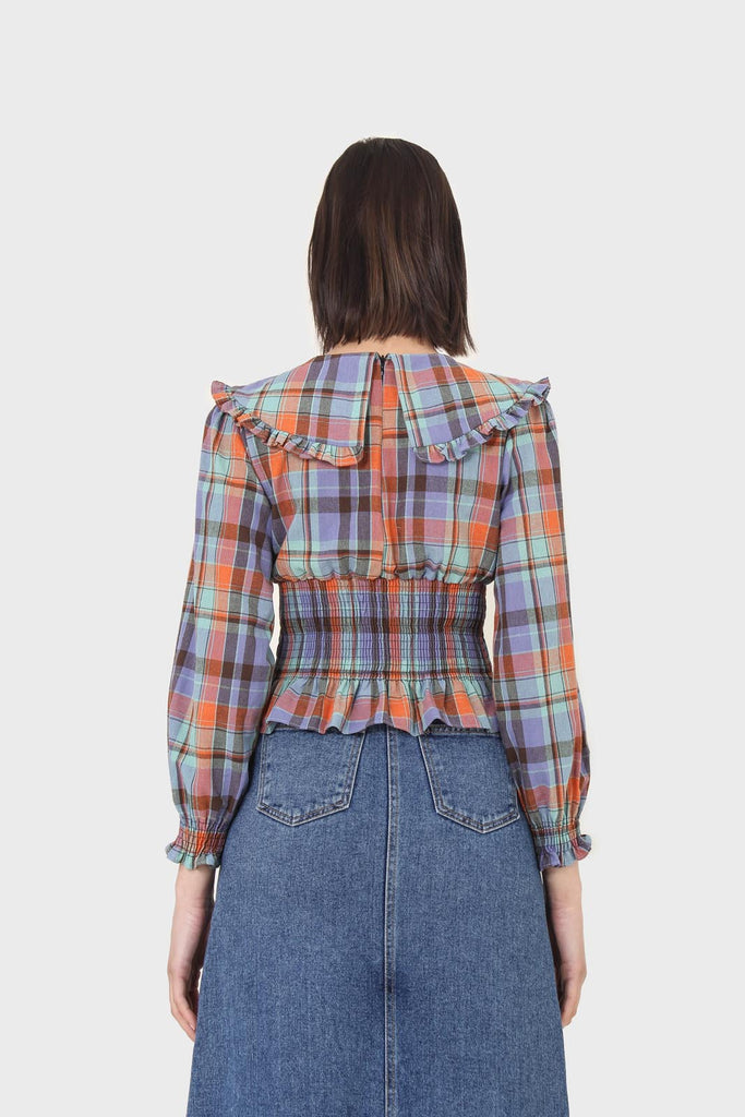 Blue and orange checked large collar blouse_4