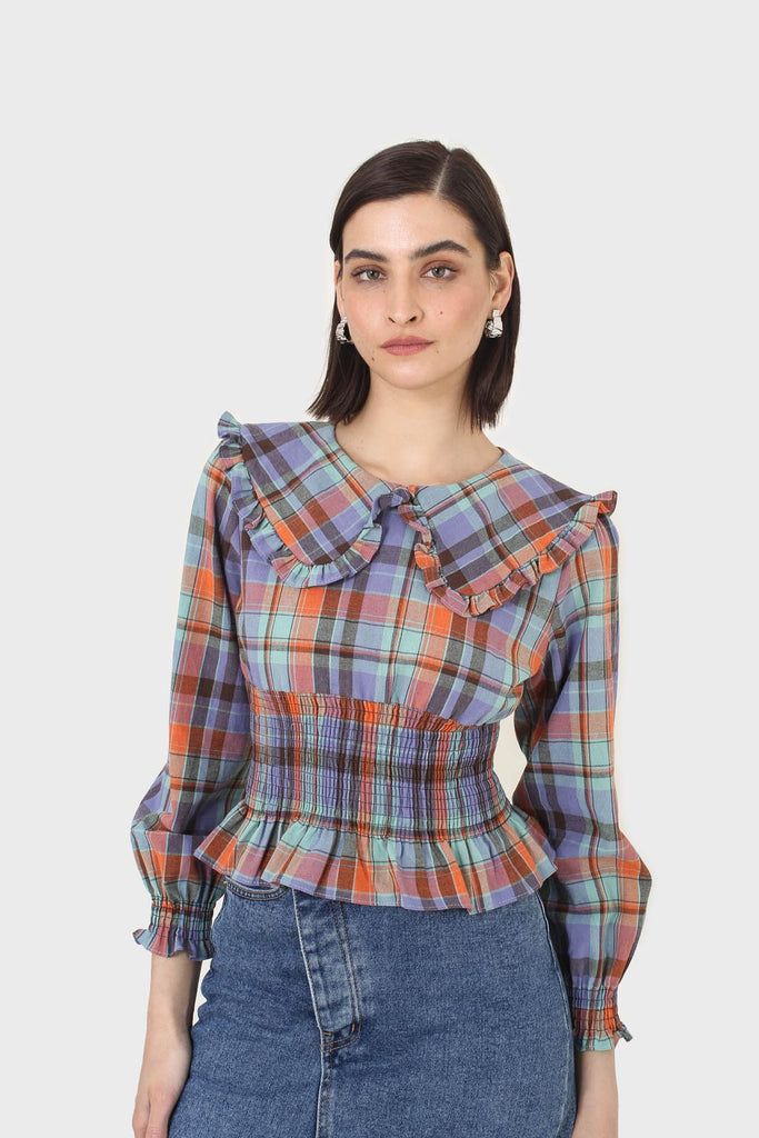 Blue and orange checked large collar blouse_9