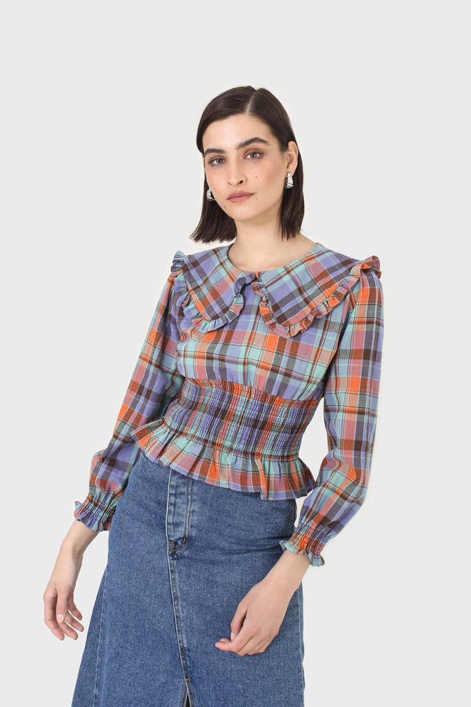 Blue and orange checked large collar blouse_1