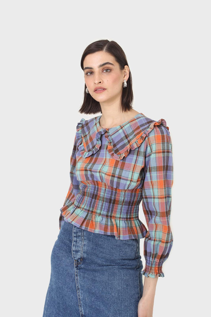 Blue and orange checked large collar blouse_6