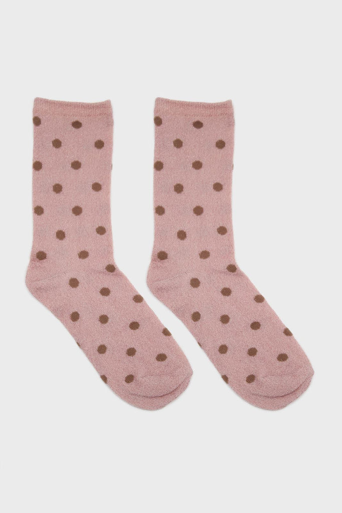 Pink and beige metallic polka dot socks_3