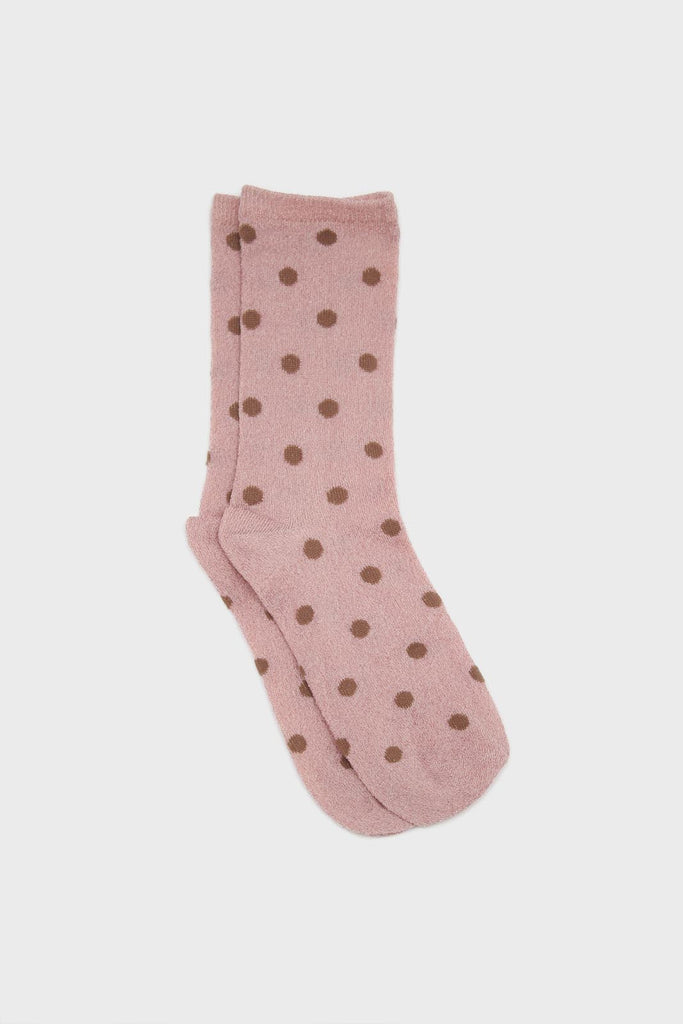 Pink and beige metallic polka dot socks_1