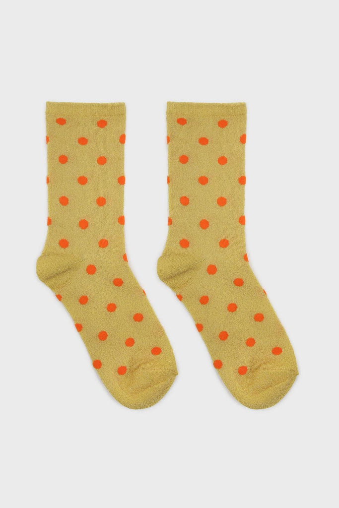 Gold and orange metallic polka dot socks_3