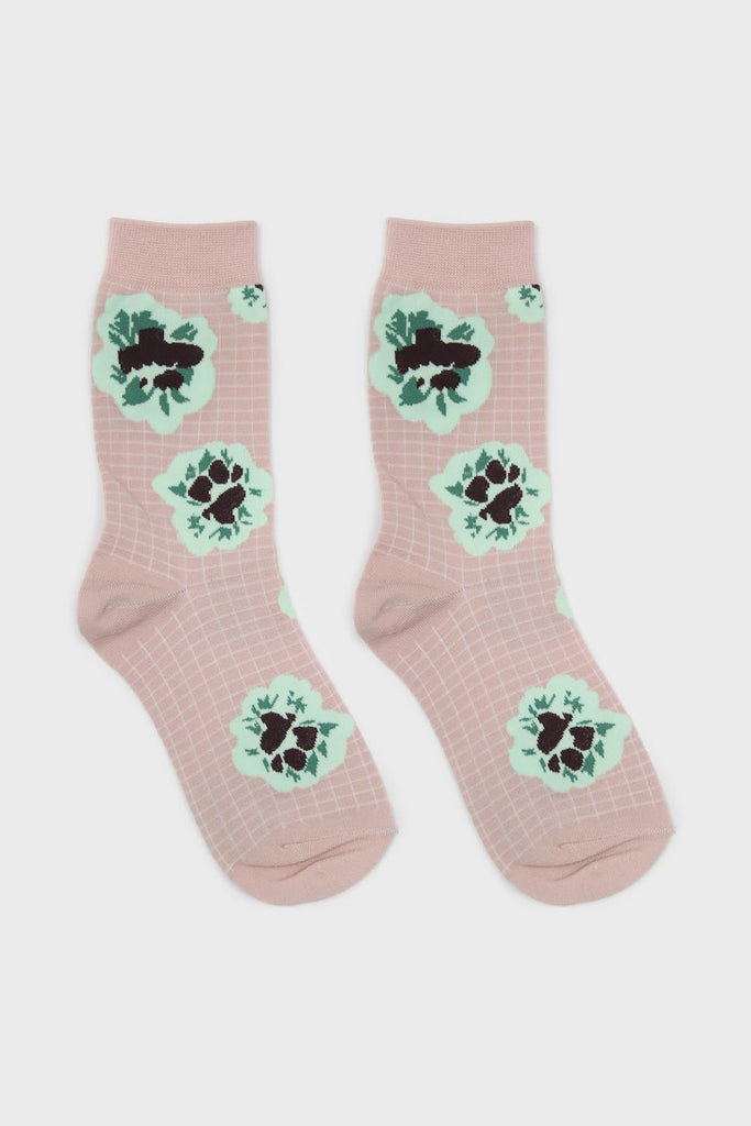 Beige floral grid socks_3