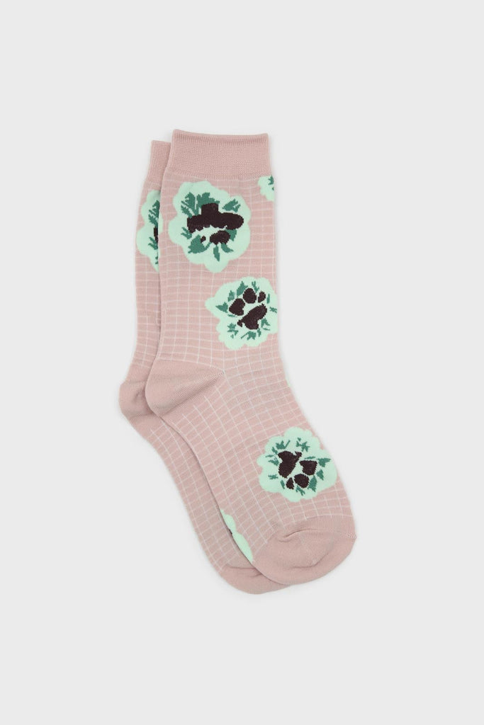 Beige floral grid socks_1