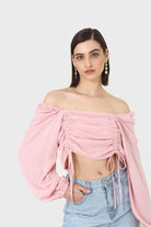 Pink double ruched tie detail long sleeved top_1