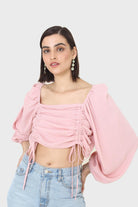 Pink double ruched tie detail long sleeved top_5