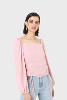 Pink double ruched tie detail long sleeved top_2