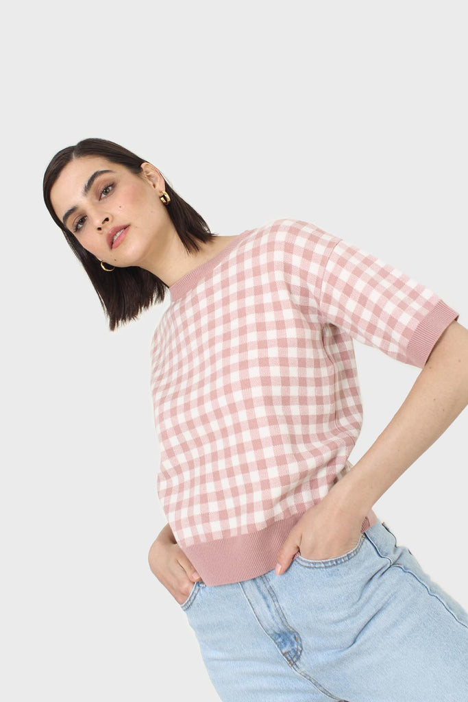 Pink and ivory gingham check knit top_6