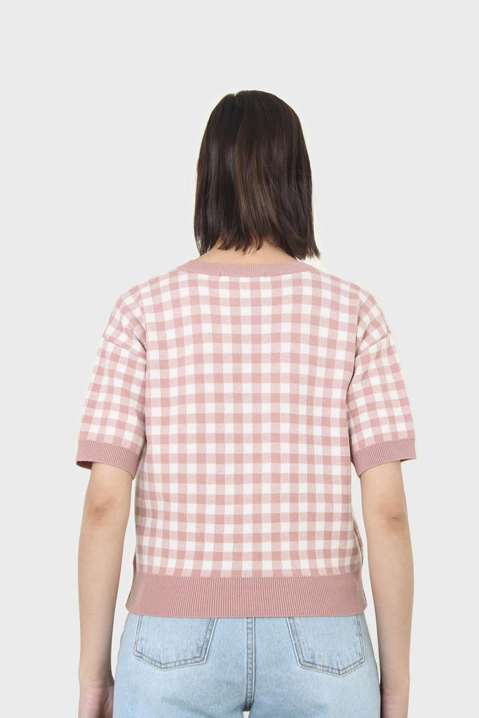 Pink and ivory gingham check knit top_7
