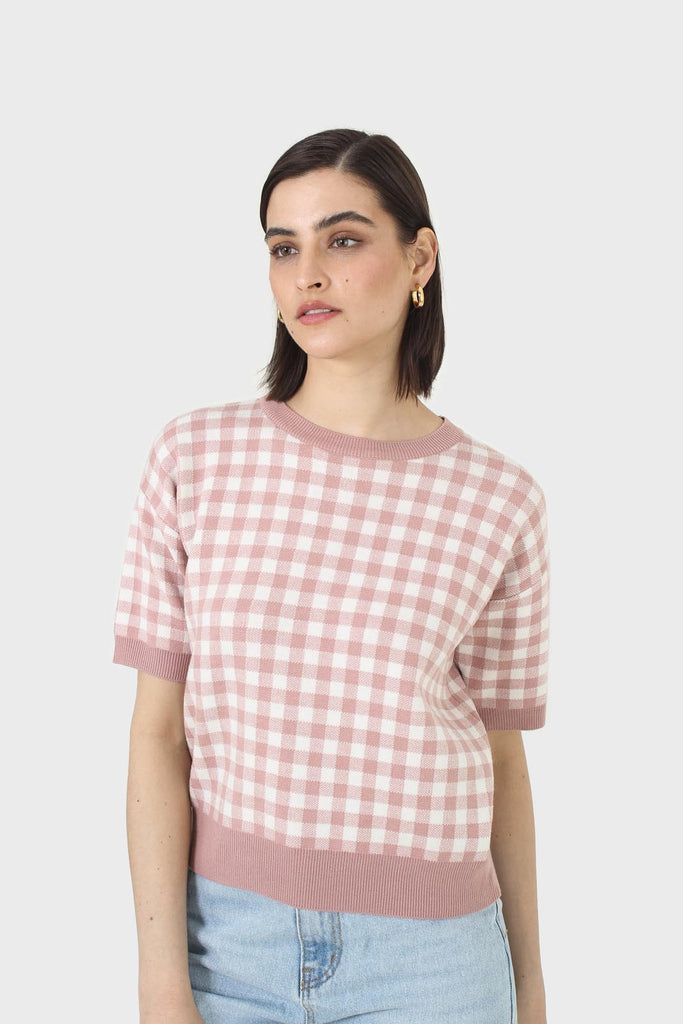 Pink and ivory gingham check knit top_1