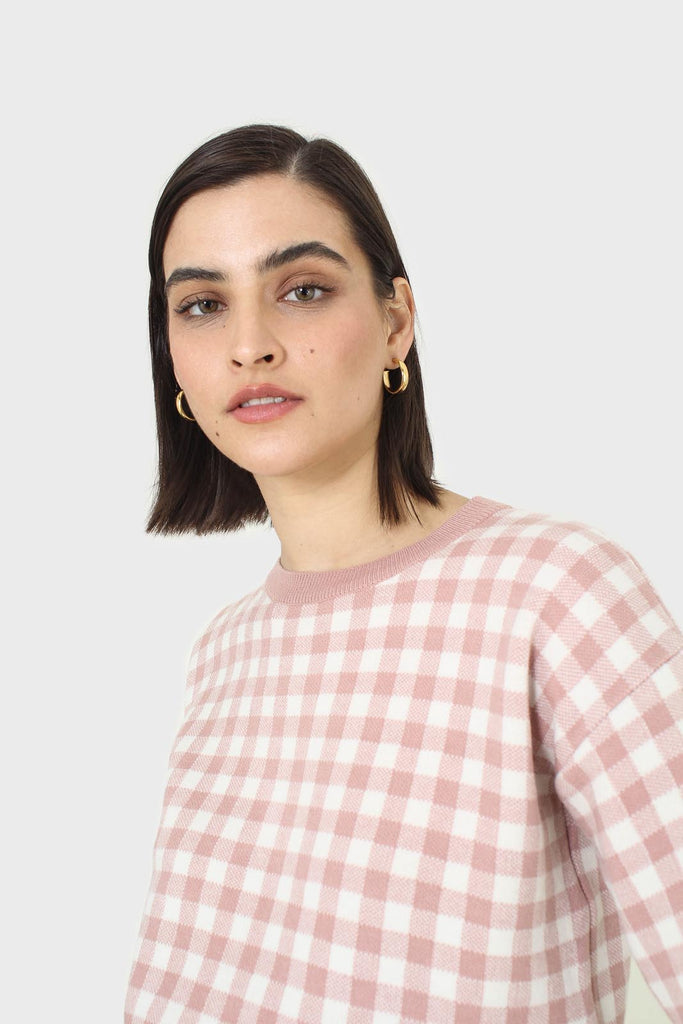 Pink and ivory gingham check knit top_2