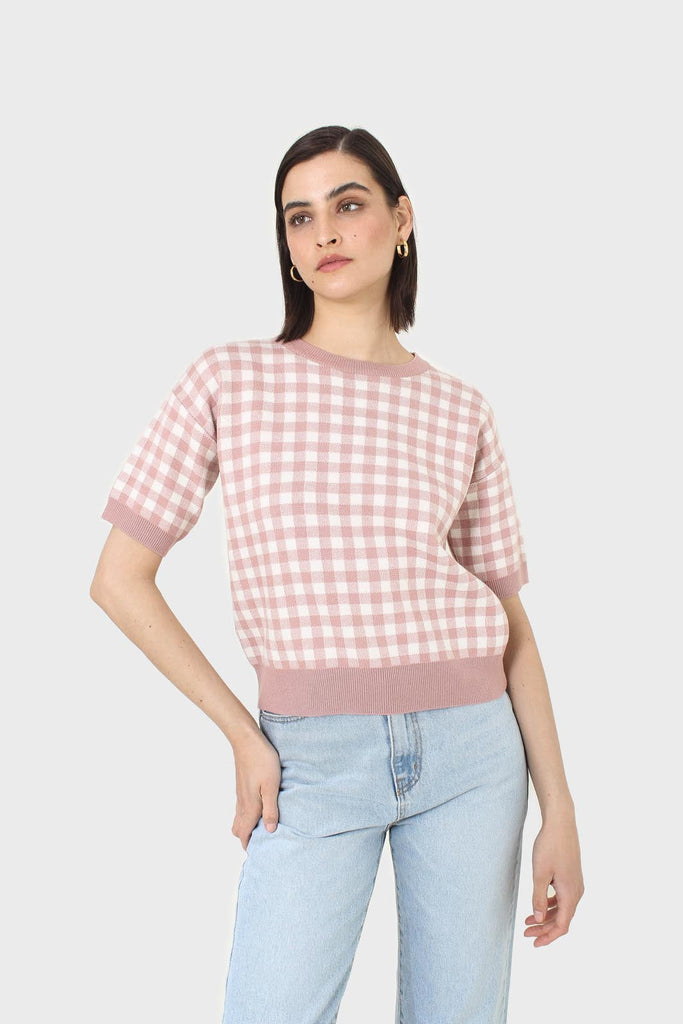 Pink and ivory gingham check knit top_4