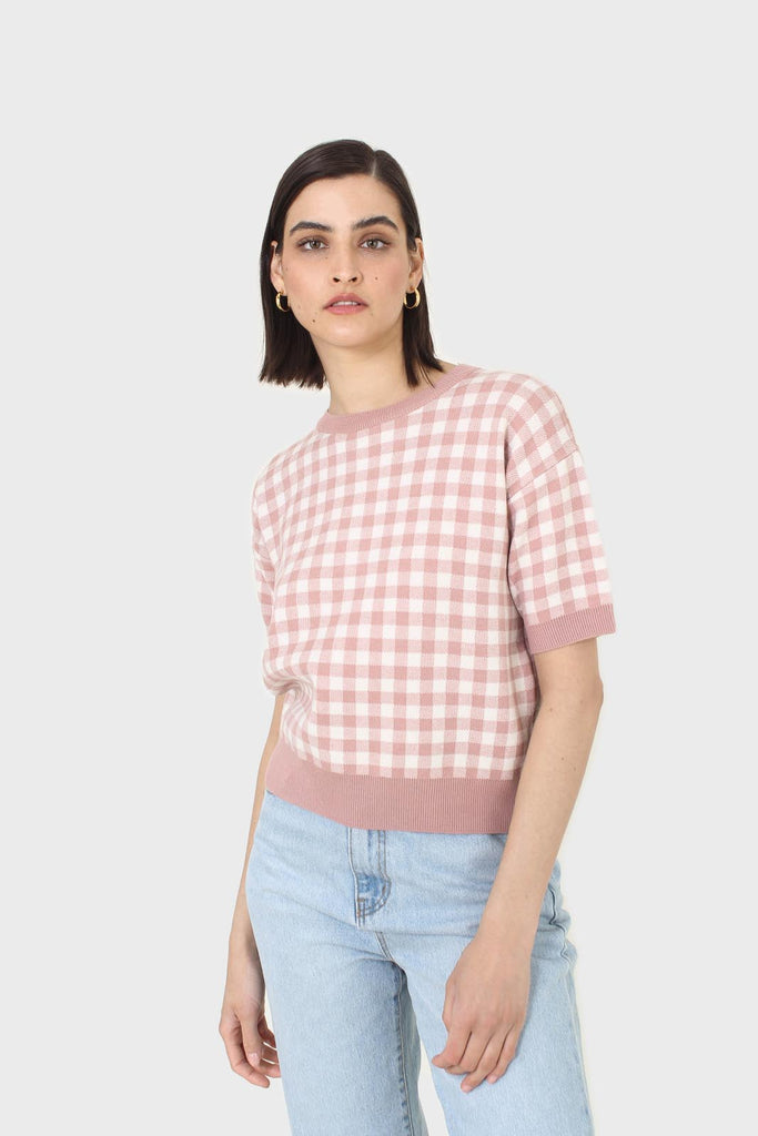 Pink and ivory gingham check knit top_5