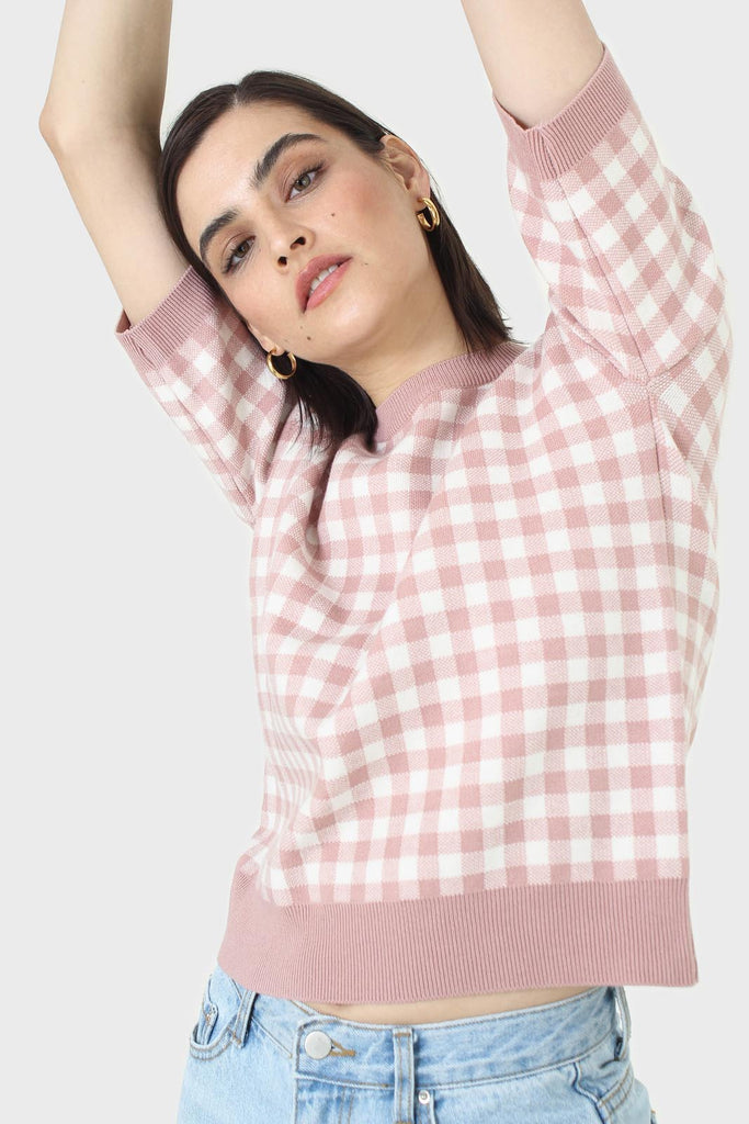 Pink and ivory gingham check knit top_3