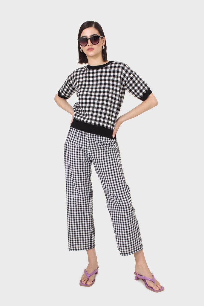 Black and ivory gingham check knit top_2
