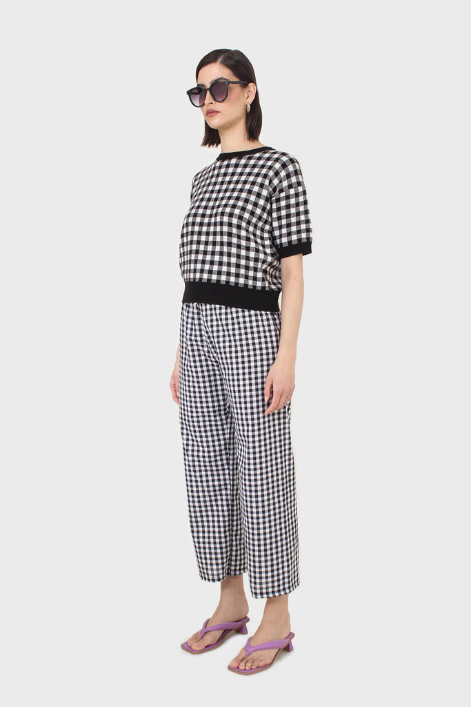 Black and ivory gingham check knit top_4