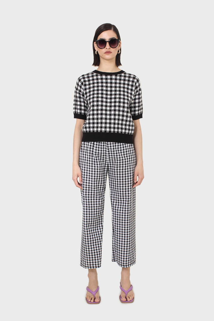 Black and ivory gingham check knit top_5