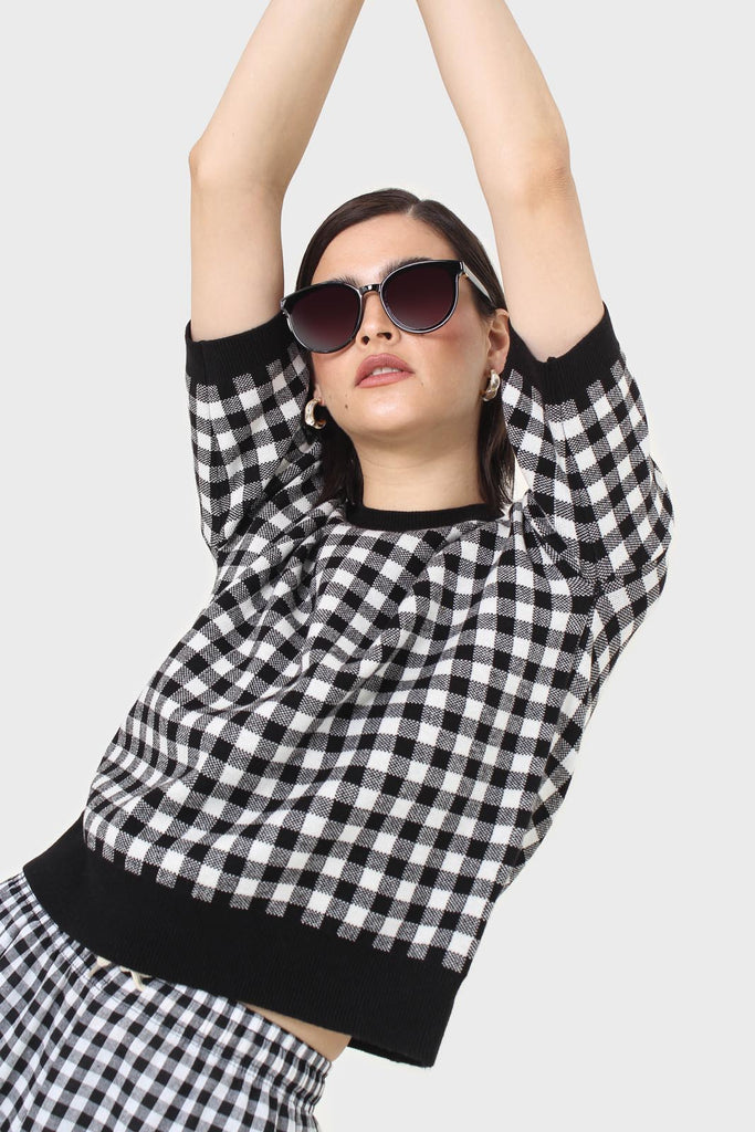 Black and ivory gingham check knit top_9