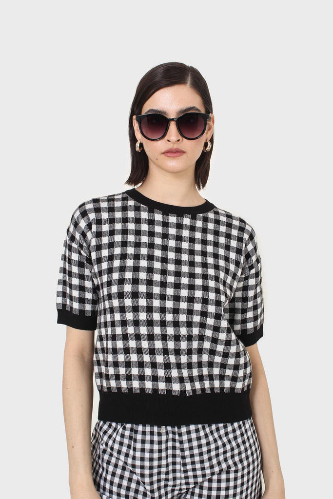 Black and ivory gingham check knit top_1