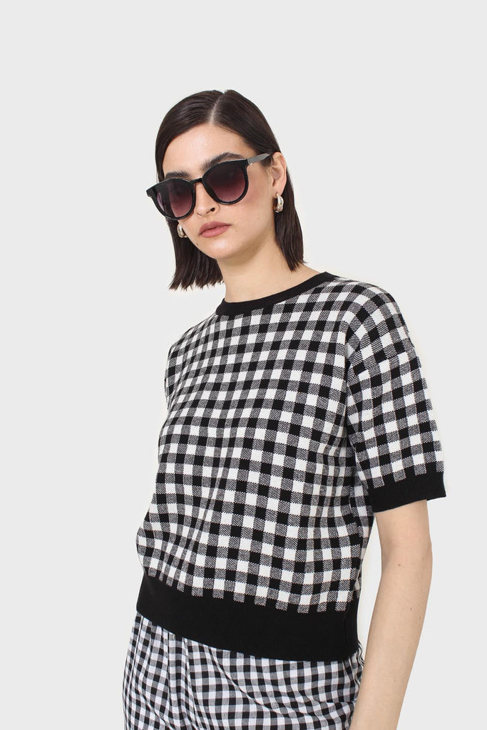 Black and ivory gingham check knit top_10