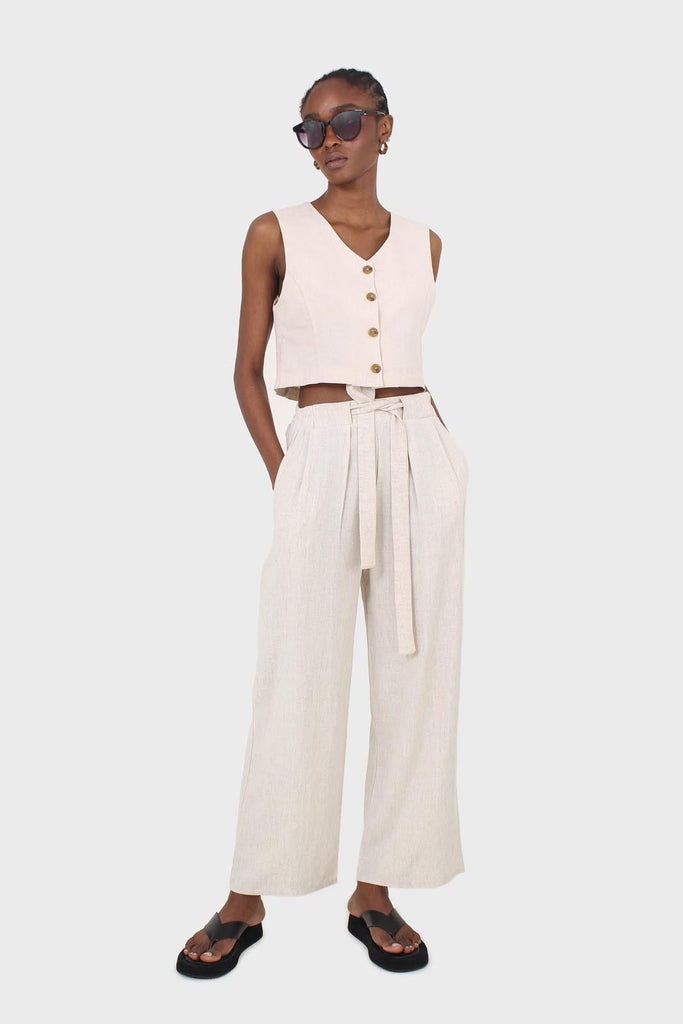 Oatmeal elasticated waist tie front linen trousers_5