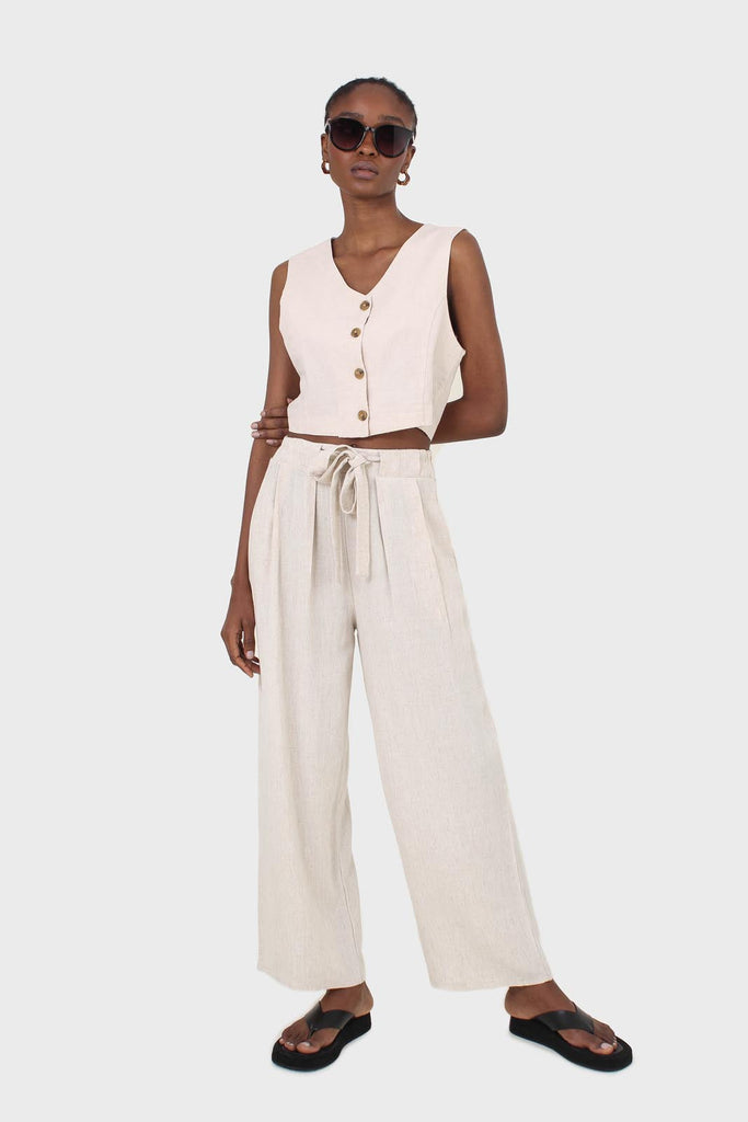 Oatmeal elasticated waist tie front linen trousers_2