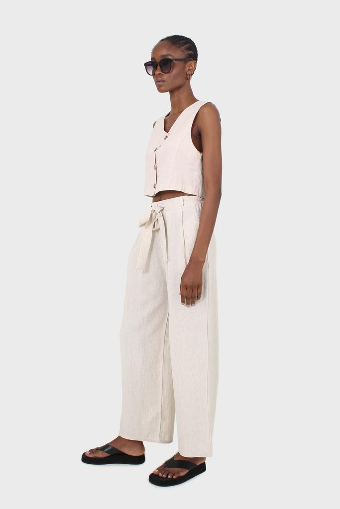 Oatmeal elasticated waist tie front linen trousers_6