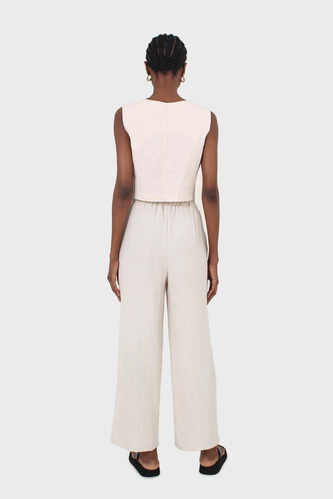 Oatmeal elasticated waist tie front linen trousers_4