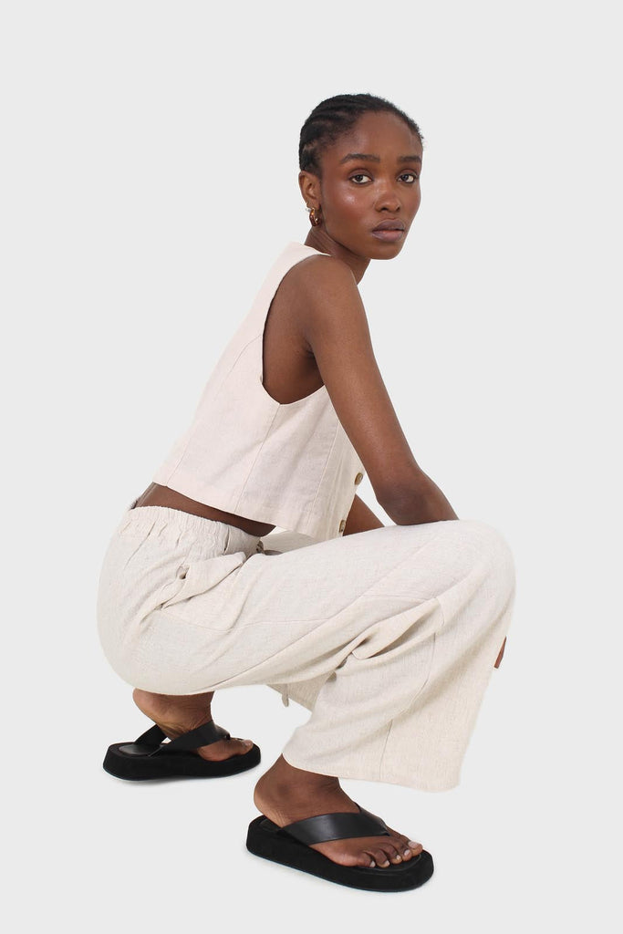 Oatmeal elasticated waist tie front linen trousers_9