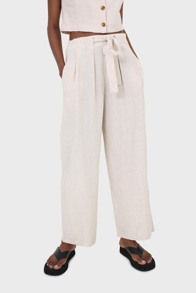 Oatmeal elasticated waist tie front linen trousers_1
