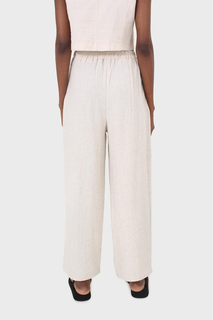 Oatmeal elasticated waist tie front linen trousers_3
