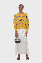 Mustard zebra metal button puff sleeved cardigan_3